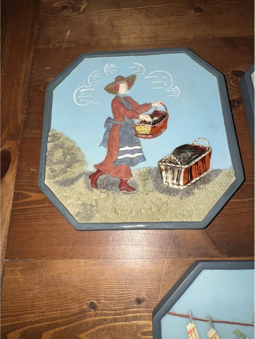 VTG 3D Wall Hanging Lot Laundry Scenes Octagon Home Decor Washing Clothing Theme